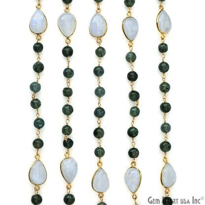 Labradorite Cabochon & Rainbow Moonstone Pears Bezel Gold Plated Wire Wrapped Rosary Chain