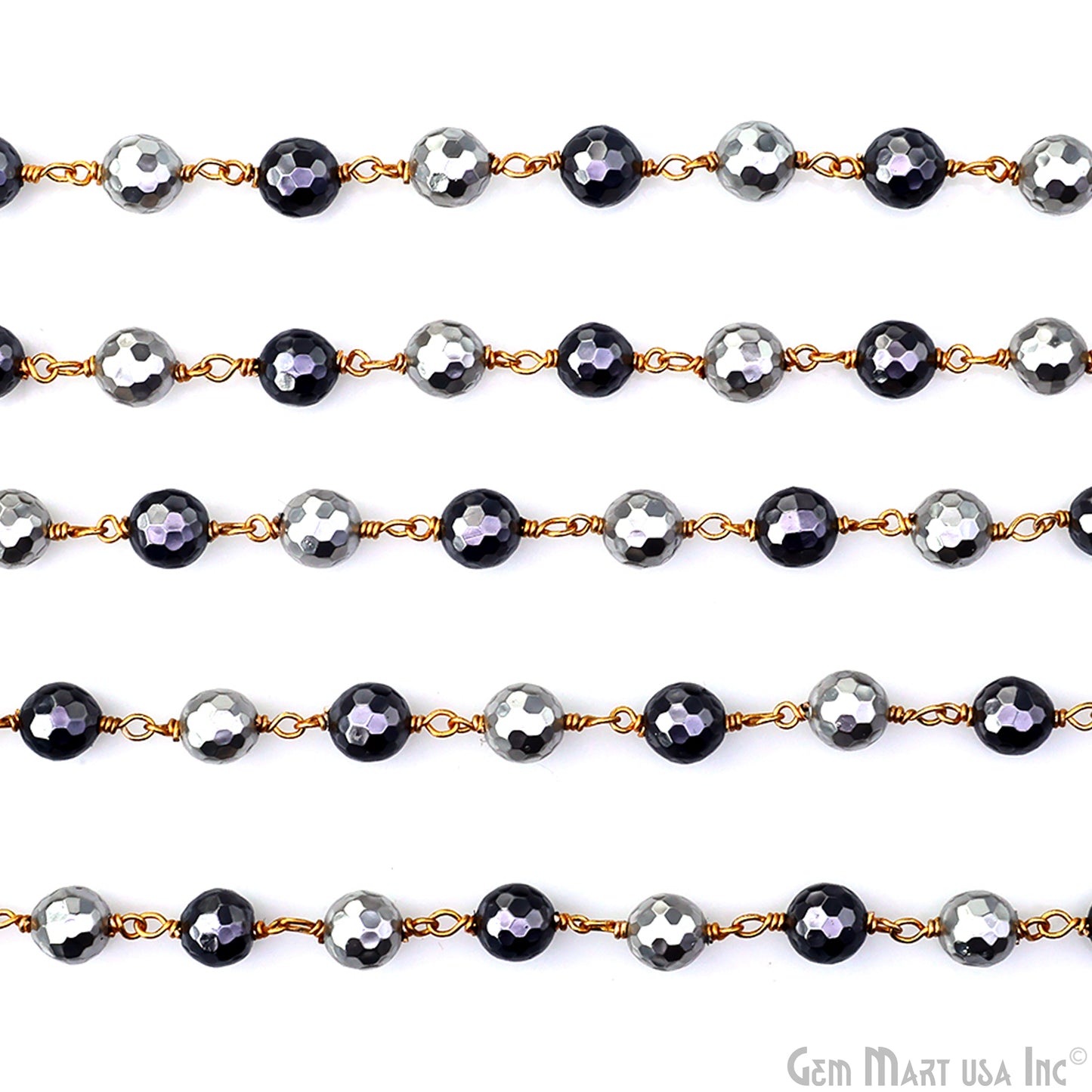 Black & Silver Pyrite Faceted Beads 6-7mm Gold Wire Wrapped Rosary Chain