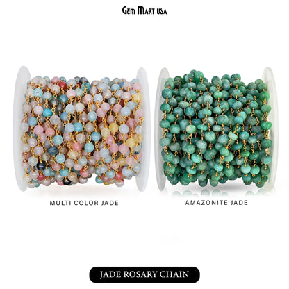 Dyed Jade Bead Faceted Crystal Round Rosary Chain Gold Plating, 5-6mm, 1+ ft