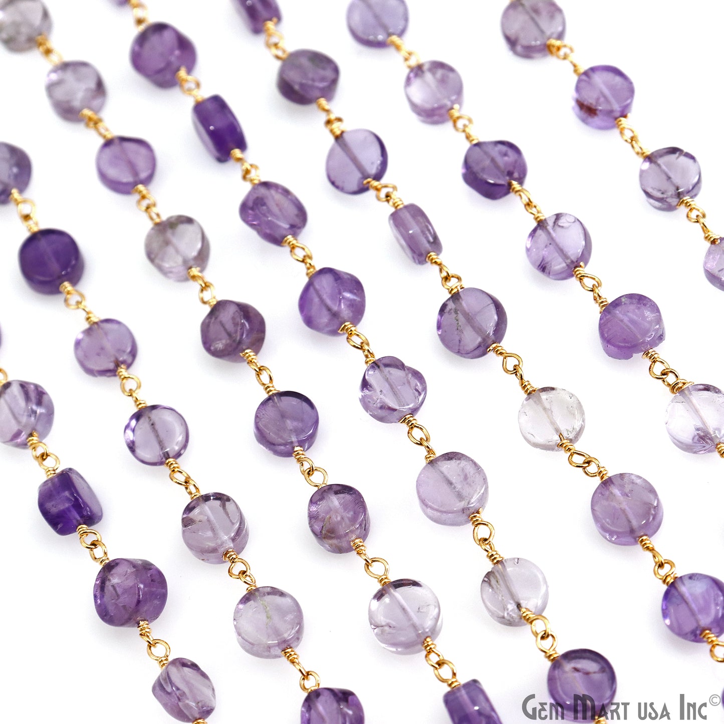 Amethyst Faceted Coin 6-7mm Gold Wire Wrapped Rosary Chain