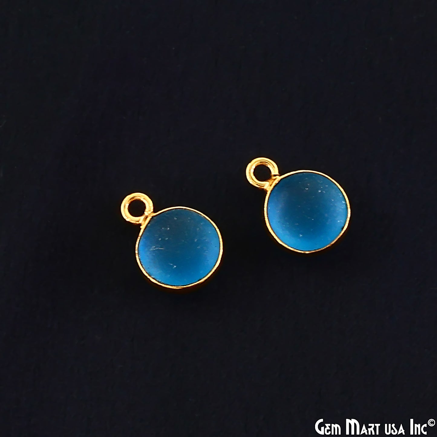 Swiss Blue Frosted Round 8mm Gold Plated Single Bail Bezel Gemstone Connector