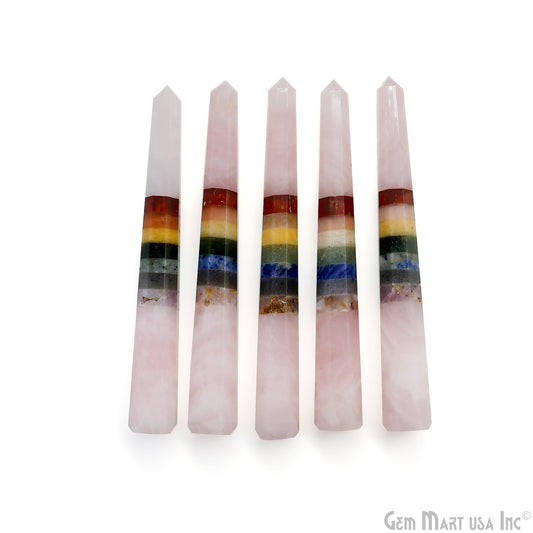 7 Chakra With Rose Quartz Point Pencil Jumbo Tower Healing Meditation Gemstones 5 Inch