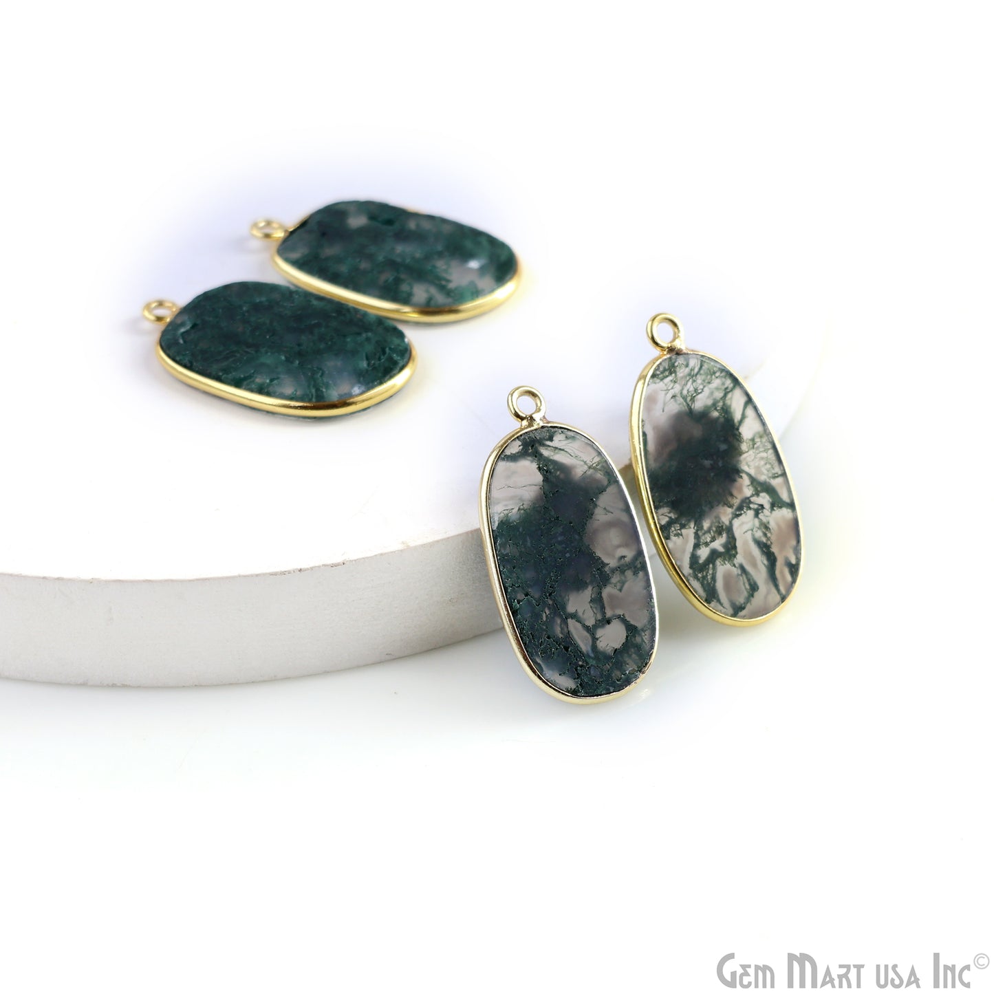 Moss Agate Oval Gold Plated Single Bail Bezel Smooth Slab Slice Thick Gemstone Connector 30x16mm 1 Pair