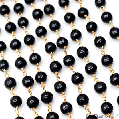 Black Jade Faceted Beads 8mm Gold Plated Gemstone Rosary Chain