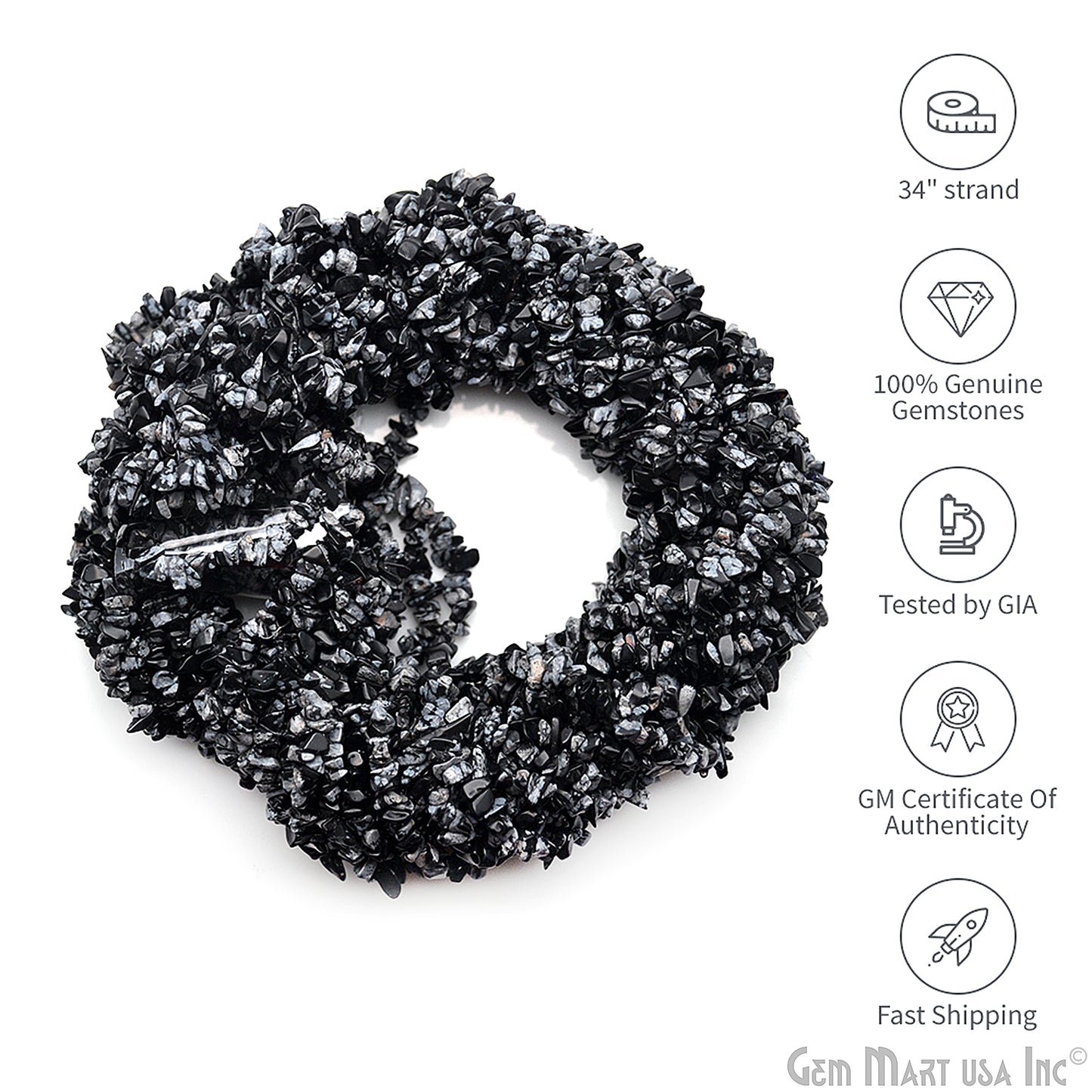 Black Obsidian Chip Beads, 34 Inch, Natural Chip Strands, Drilled Strung Nugget Beads, 3-7mm, Polished, GemmartUSA (CHBO-70001)