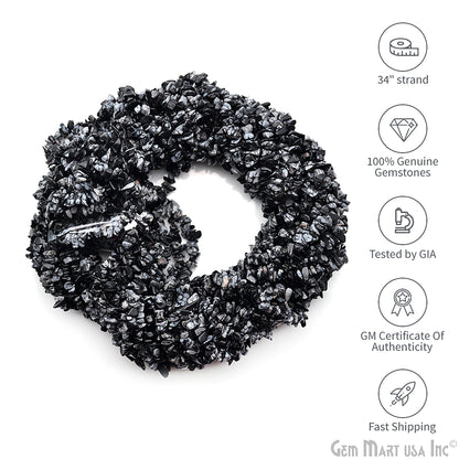 Black Obsidian Chip Beads, 34 Inch, Natural Chip Strands, Drilled Strung Nugget Beads, 3-7mm, Polished, GemmartUSA (CHBO-70001)
