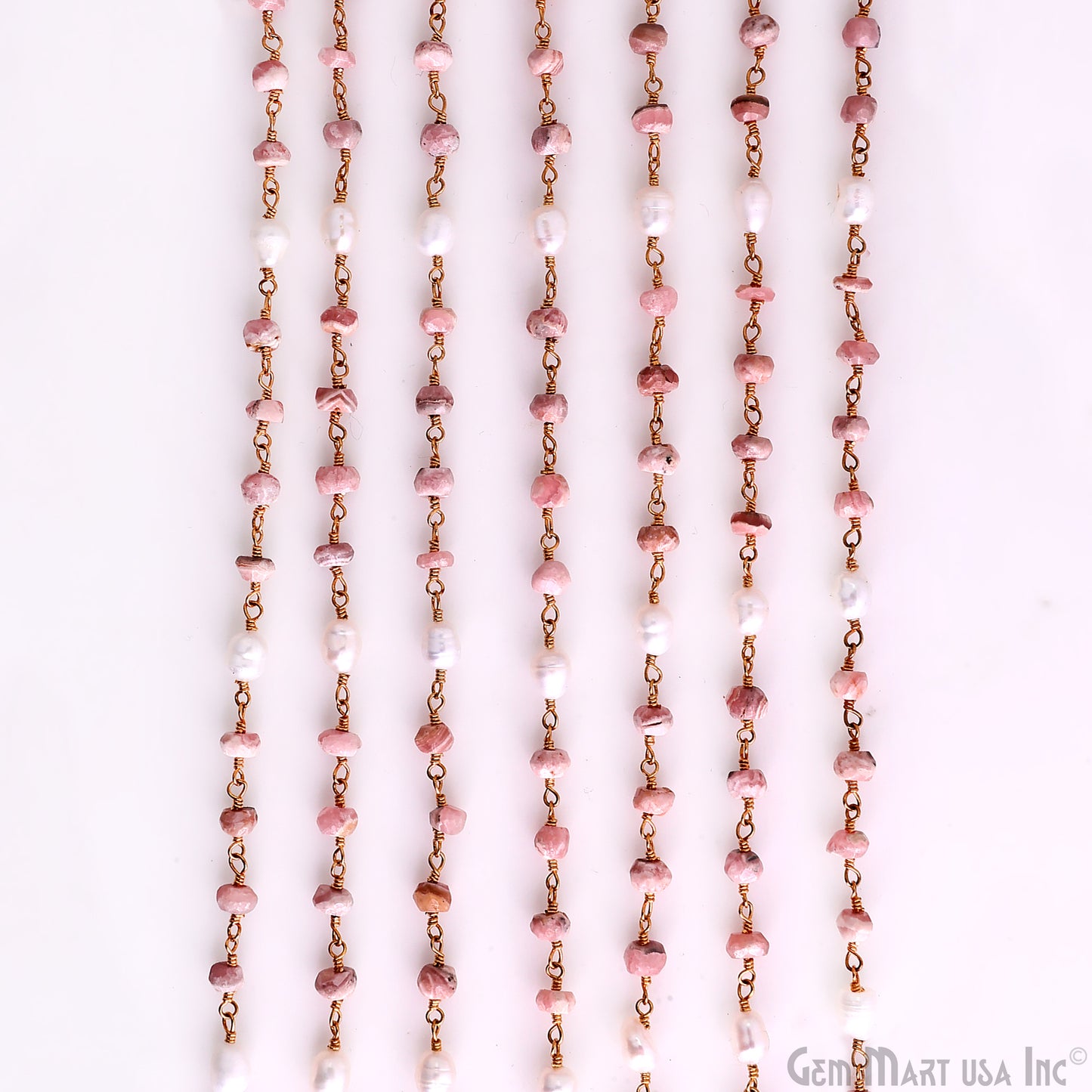 Rhodochrosite With Pearl Gold Wire Wrapped Beads Rosary Chain