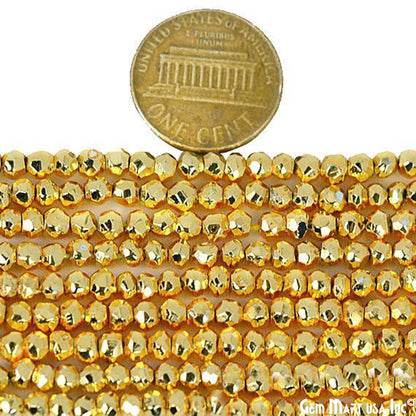 Golden Pyrite Rondelle Beads, 12.5 Inch Gemstone Strands, Drilled Strung Nugget Beads, Faceted Round, 3-4mm