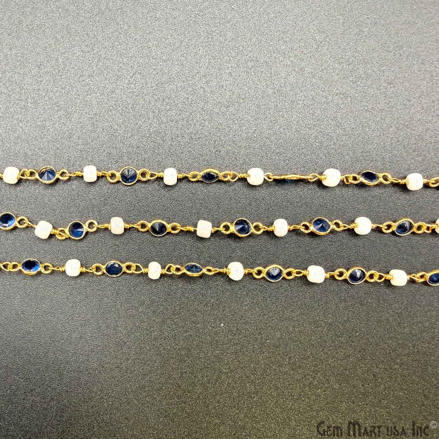 Sapphire & Pearl Beads Gold Plated Round Shape Bezel Link Continuous Connector Chain