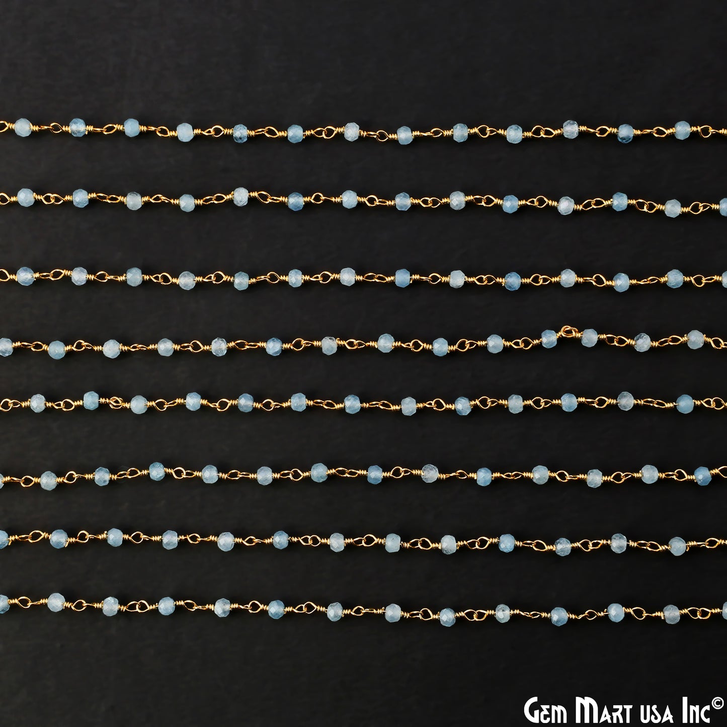 Aquamarine 3mm Gold Plated Wire Wrapped Gemstone Beads Rosary Chain