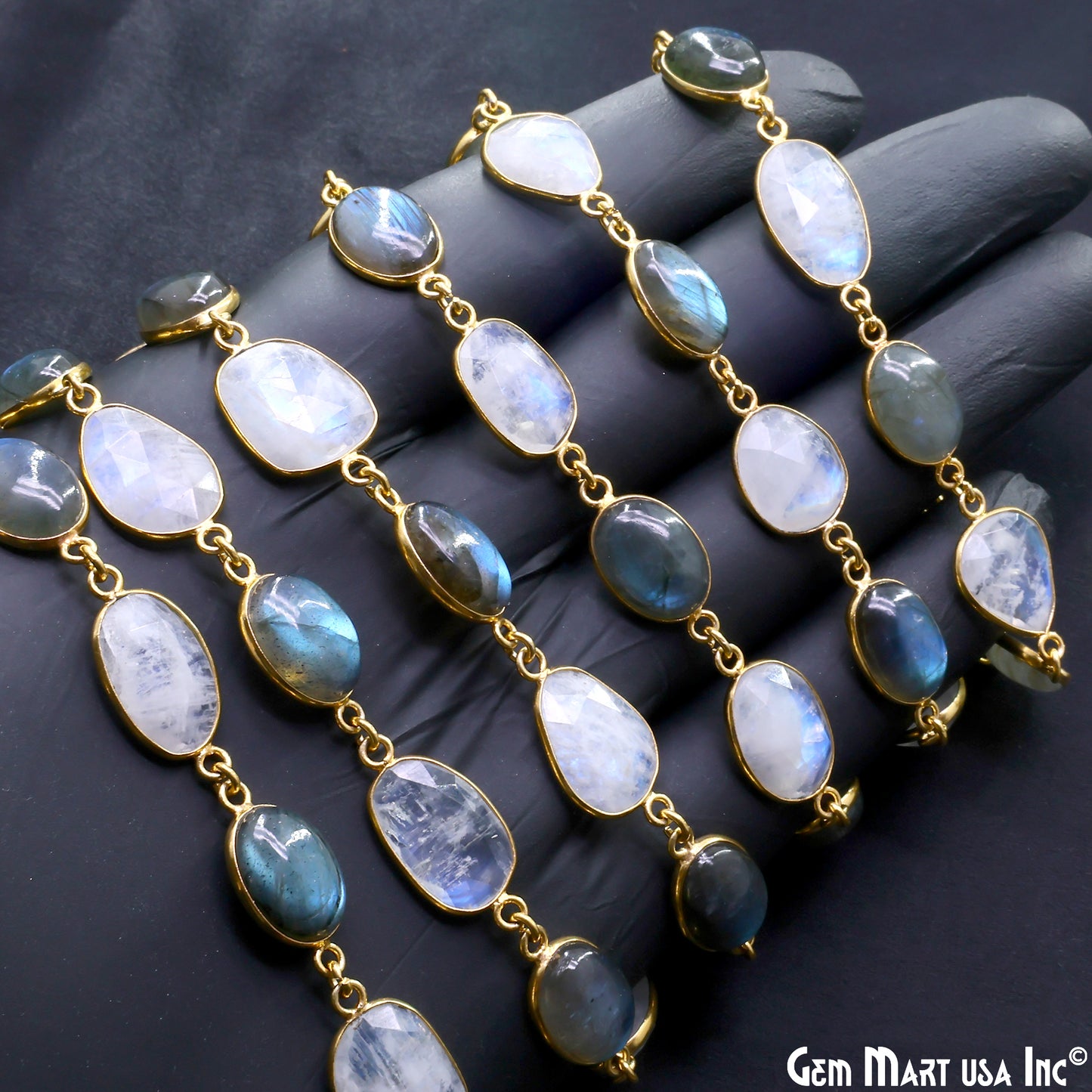Rainbow Moonstone Faceted & Labradorite Oval 10-15mm Cabochon Bezel Link Connector Chain