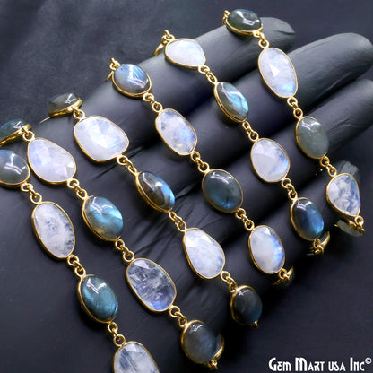 Rainbow Moonstone Faceted & Labradorite Oval 10-15mm Cabochon Bezel Link Connector Chain