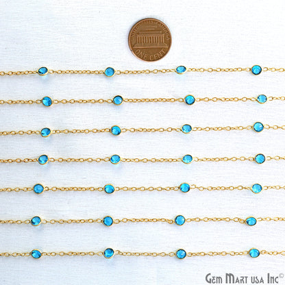Swiss Blue Topaz Round 4mm Gold Plated Bezel Connector Rosary Chain