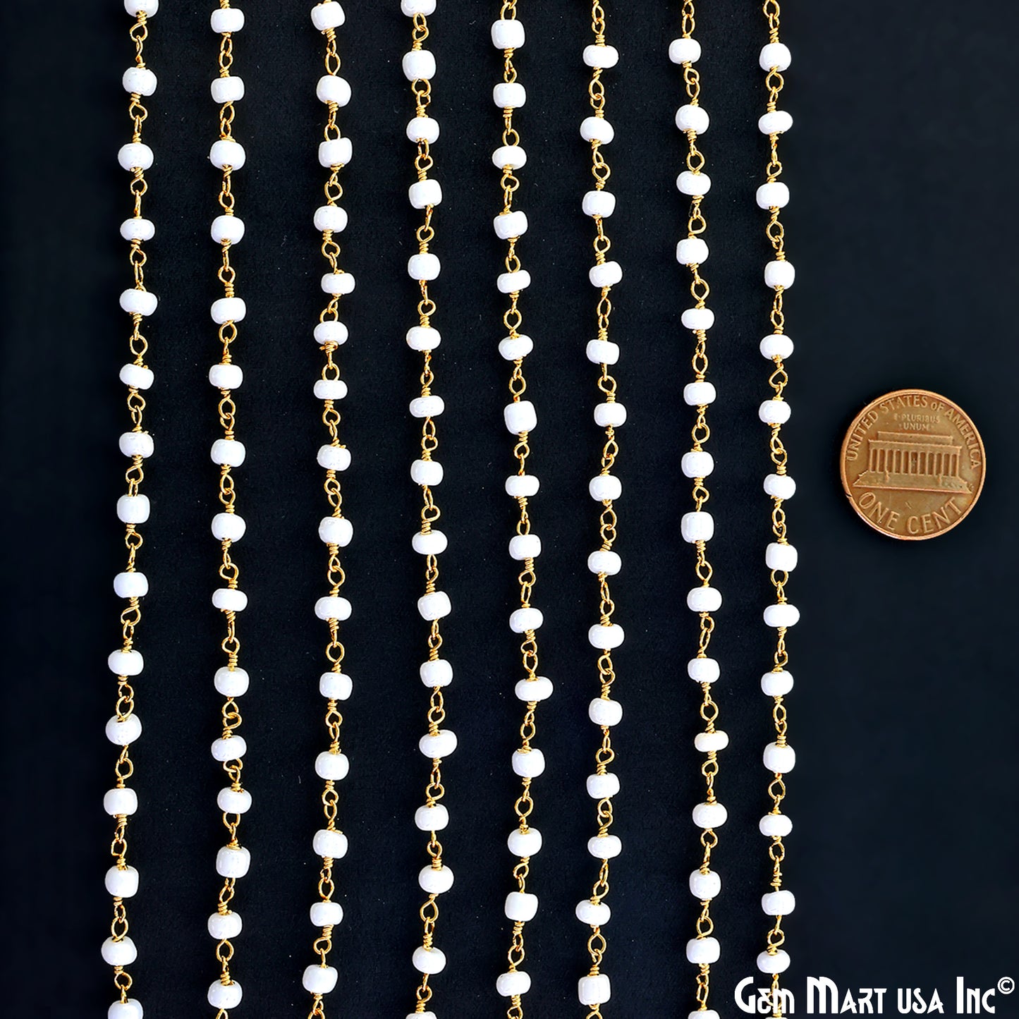 Synthetic Pearl Cabochon Beads 4mm Gold Wire Wrapped Rosary Chain
