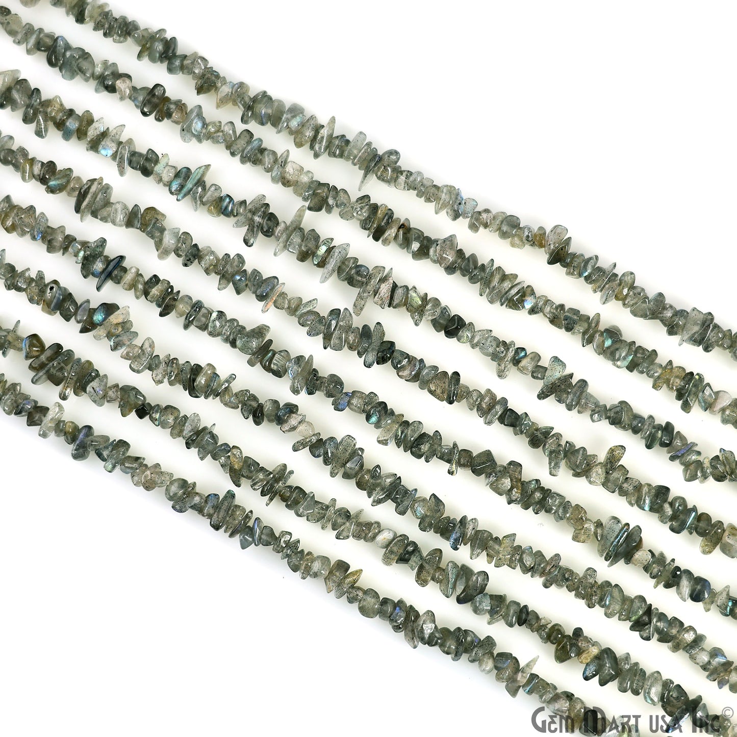 Labradorite Chip Beads, 34 Inch, Natural Chip Strands, Drilled Strung Nugget Beads, 3-7mm, Polished, GemMartUSA (CHLB-70001)