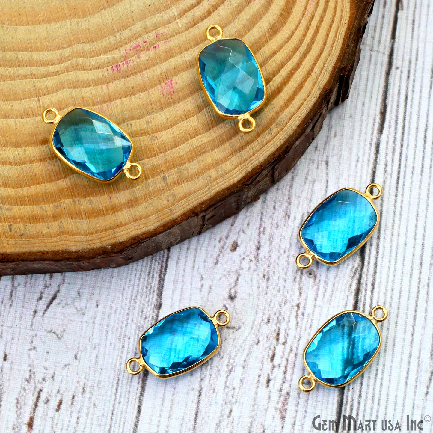 Blue Topaz Bezel Connector Octagon Shape 24K Gold Plated Double Bail Connector (HB-11546)