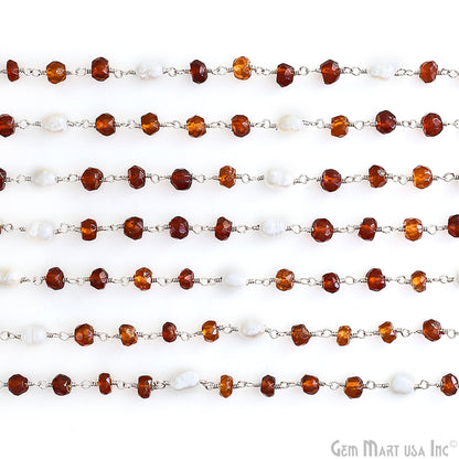 Hessonite 4-5mm & Pearl 5x4mm Beads Beads Silver Plated Rosary Chain