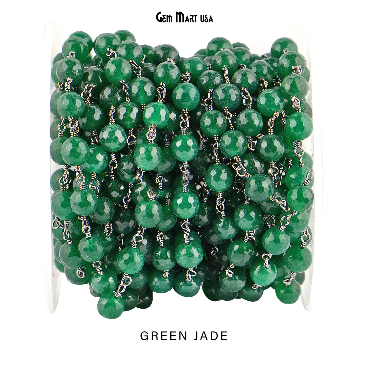 Dyed Jade Bead Faceted Crystal Round Rosary Chain Black Plating, 8mm, 1+ ft