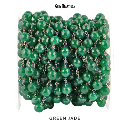 Dyed Jade Bead Faceted Crystal Round Rosary Chain Black Plating, 8mm, 1+ ft