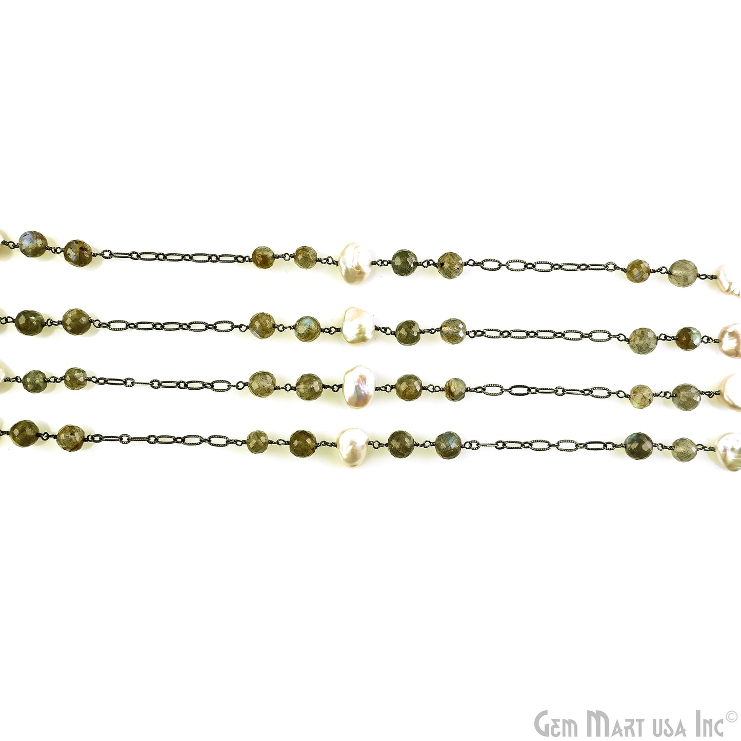 Labradorite & Pearl Round Beads Oxidized Finding Rosary Chain