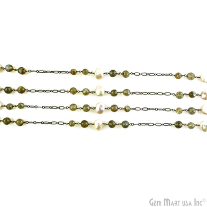 Labradorite & Pearl Round Beads Oxidized Finding Rosary Chain