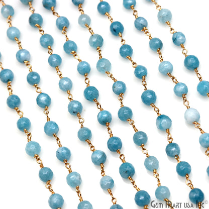 Shaded Blue Jade Faceted Beads 6mm Gold Plated Gemstone Rosary Chain