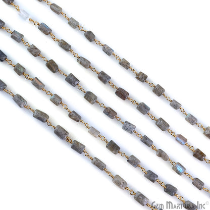 Labradorite Square Beads 6x4mm Gold Plated Wire Wrapped Rosary Chain