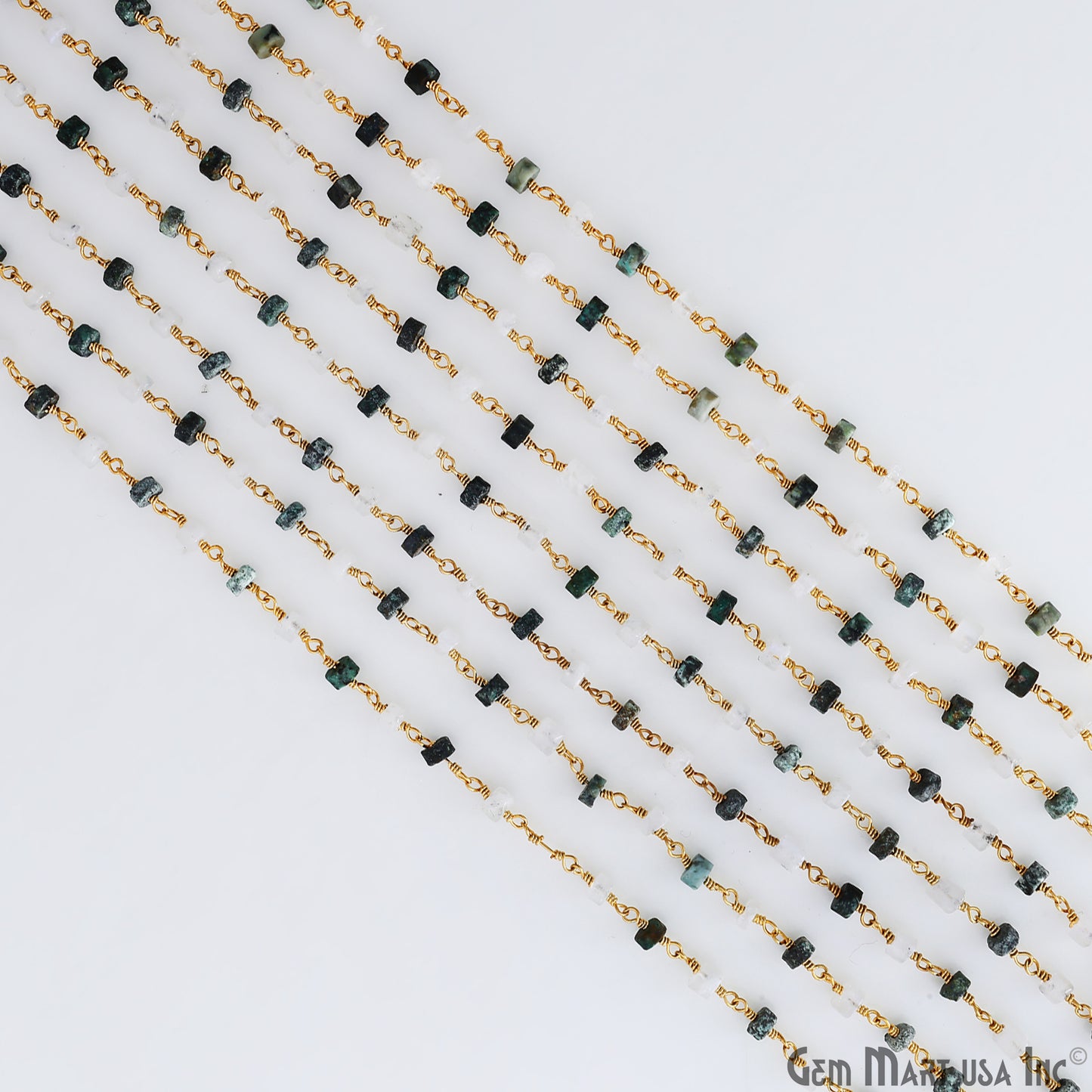 Moonstone & Chrysocolla Tyre Shape 4-5mm Beads Gold Plated Gemstone Beaded Wire Wrapped Rosary Chain