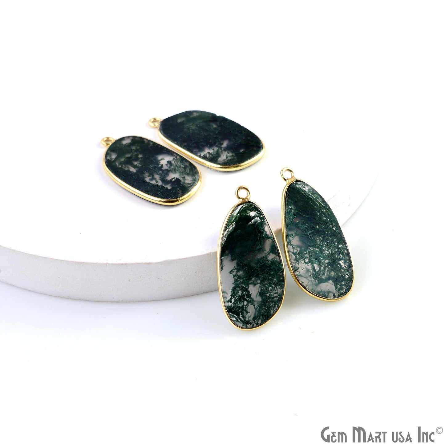 Moss Agate Free Form Gold Plated Single Bail Bezel Smooth Slab Slice Thick Gemstone Connector 30x15mm 1 Pair