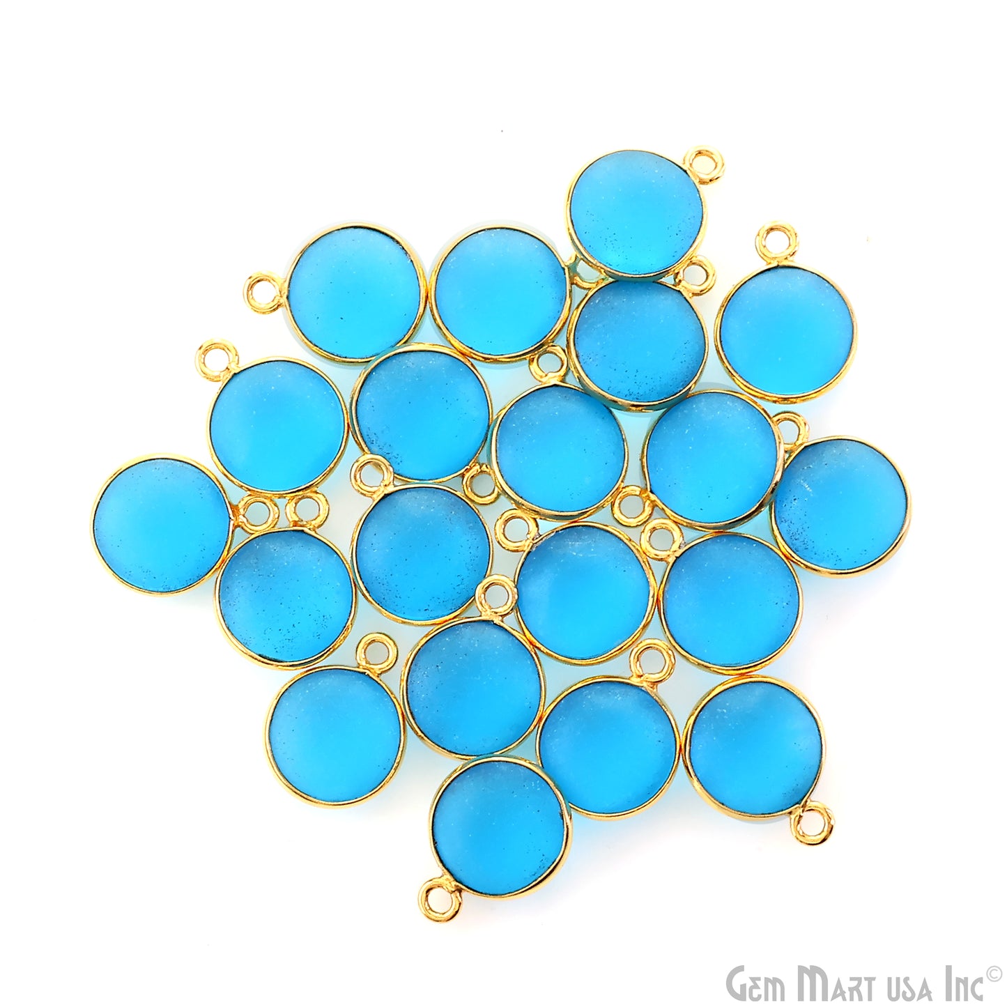 Swiss Blue Frosted Round 10mm Gold Plated Single Bail Bezel Gemstone Connector