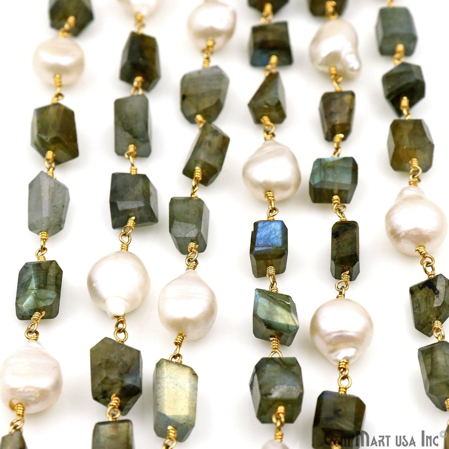 Labradorite With Freshwater Pearl Freeform Shape Gold Plated Wire Wrapped Beads Rosary Chain