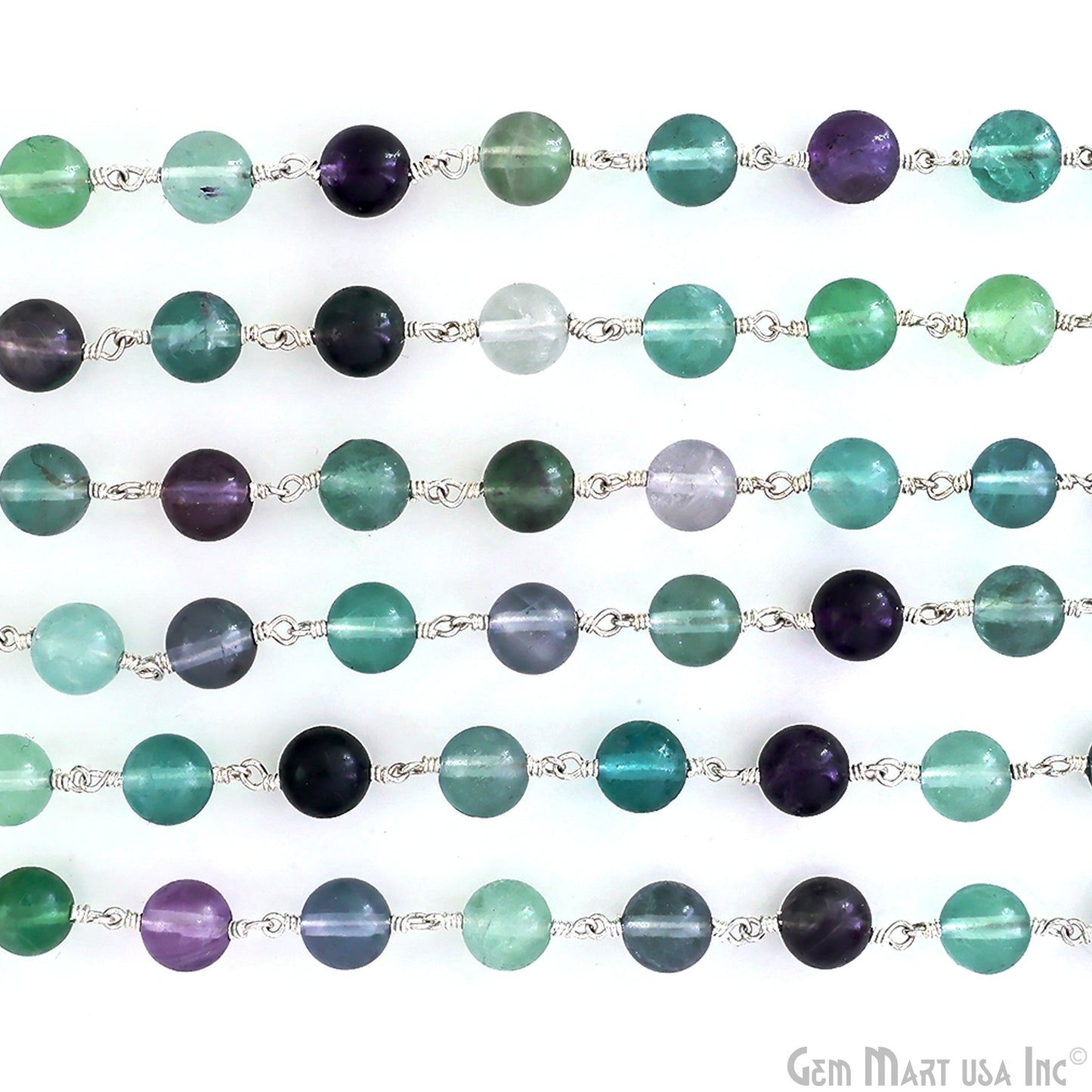 Fluorite 8mm Cabochon Beads Silver Wire Wrapped Rosary Chain
