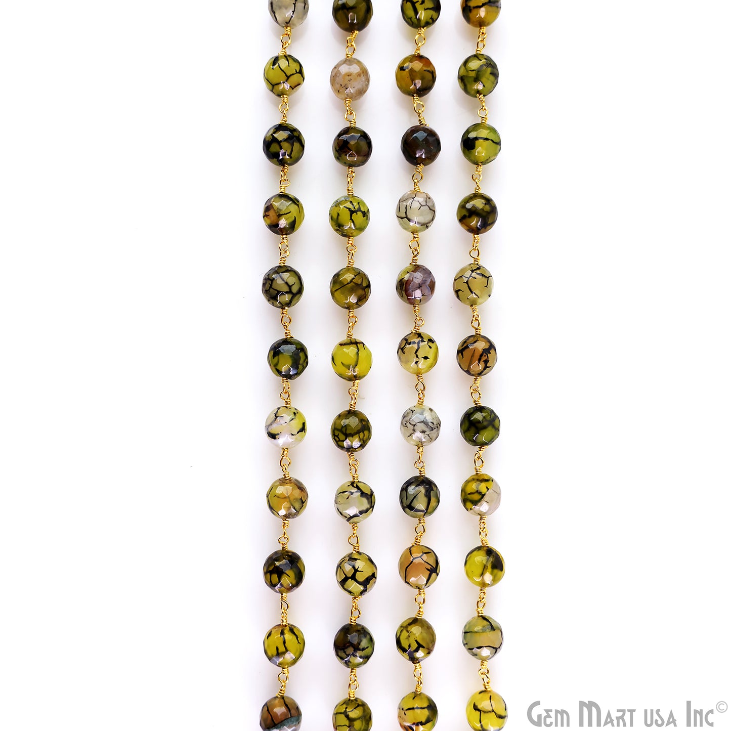 Yellow Green Dragon Agate Faceted Beads 10mm Gold Wire Wrapped Rosary Chain