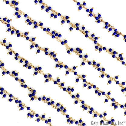 Dark Blue Chalcedony 2-2.5mm Cluster Dangel Gemstone Beaded Gold Wire Wrapped Rosary Chain