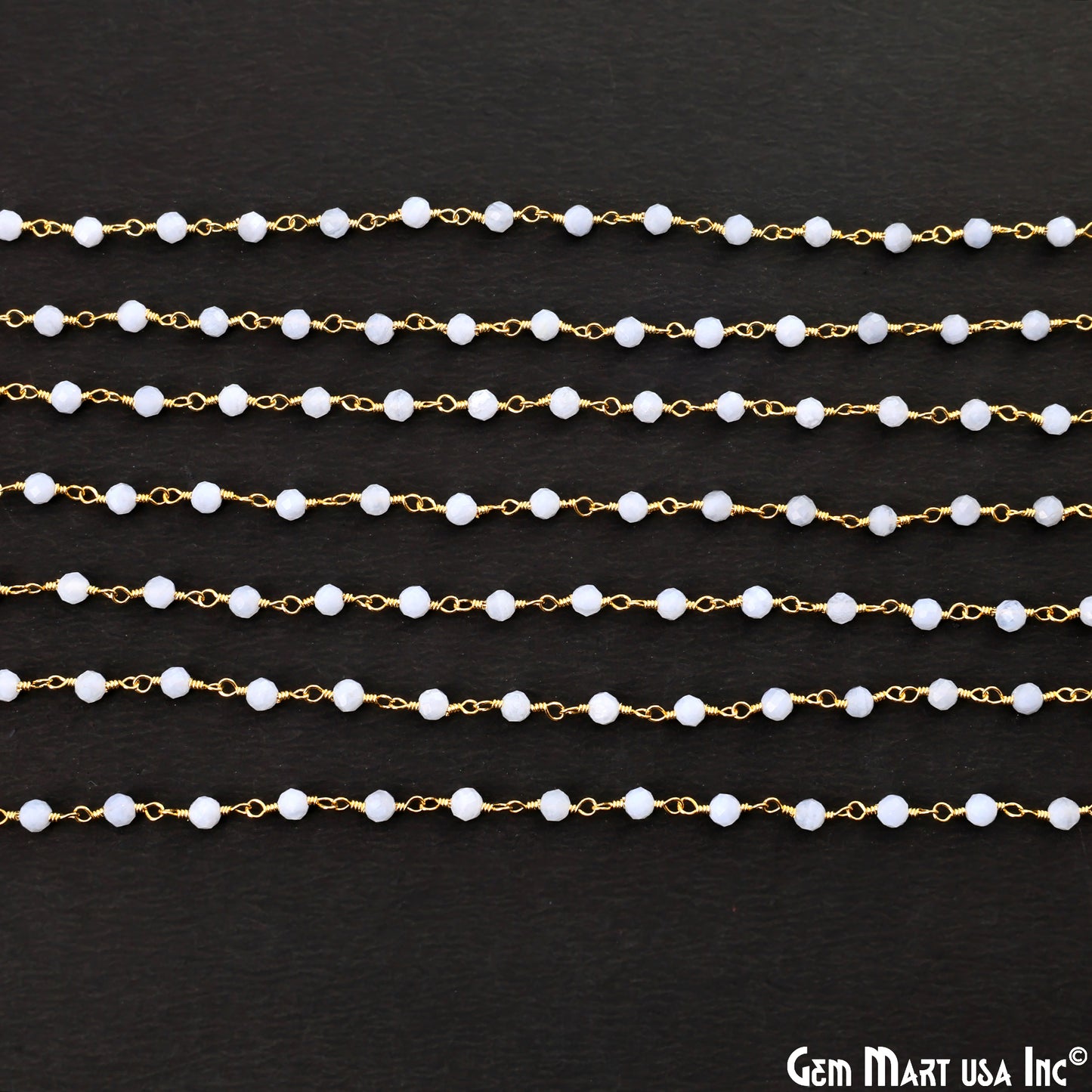 Blue Lace Agate 3-3.5mm Gold Plated Beaded Wire Wrapped Rosary Chain