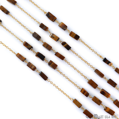 Tiger Eye 9x4mm Rectangle Beads Gold Plated Catholic Rosary Chain