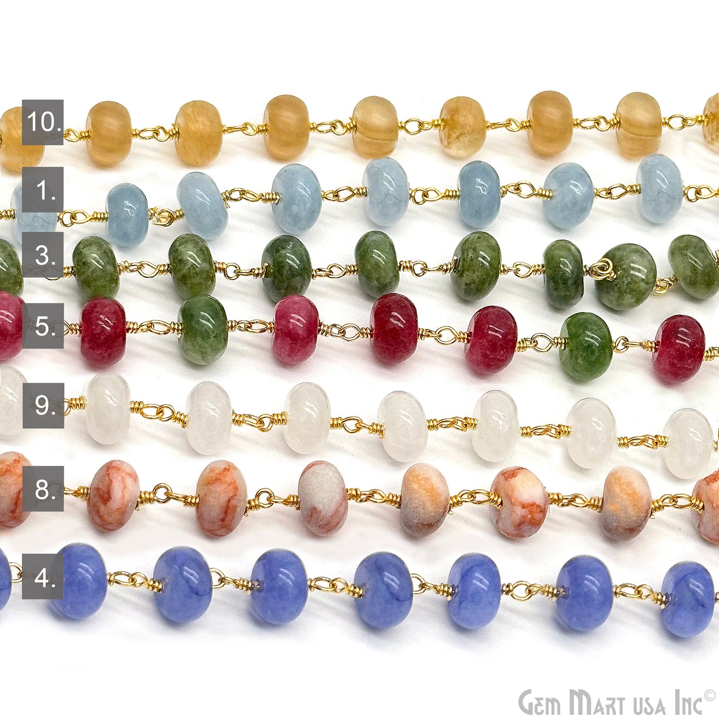 Dyed Jade Bead Cabochon Crystal Round Rosary Chain Gold Plating, 8-9mm, 1+ ft