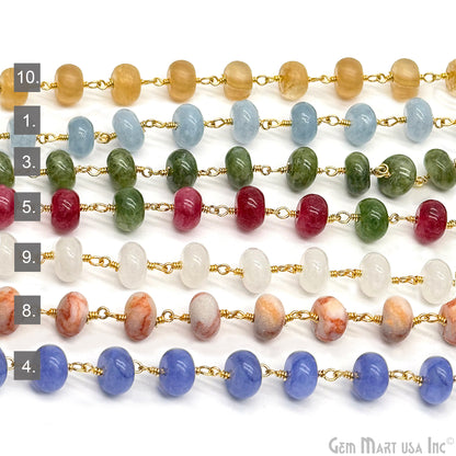 Dyed Jade Bead Cabochon Crystal Round Rosary Chain Gold Plating, 8-9mm, 1+ ft