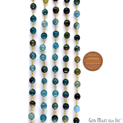 Green & Blue Dragon Agate Jade Beads 8mm Faceted Gold Plated Wire Wrapped Rosary Chain