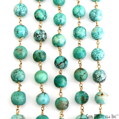 Turquoise Green Cabochon 9-10mm Gold Plated Wire Wrapped Rosary Chain