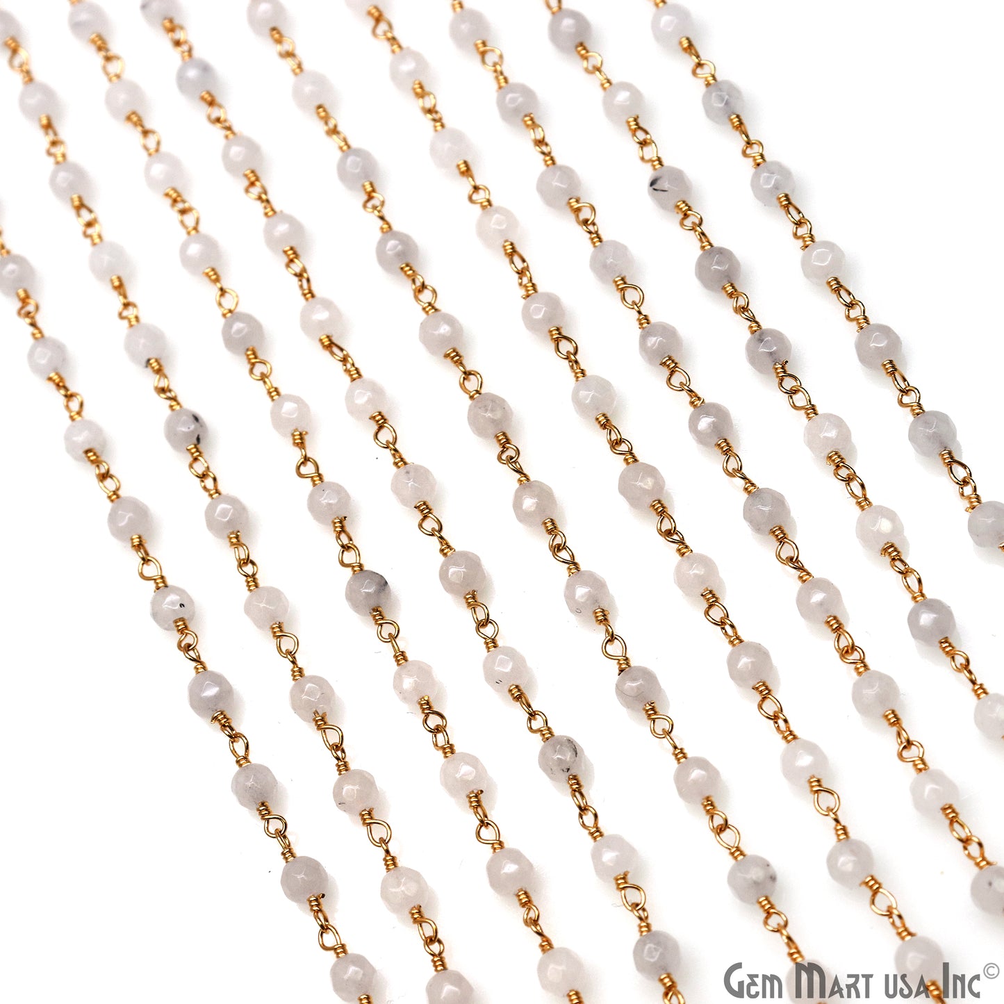 White Jade 4mm Faceted Beads Gold Wire Wrapped Rosary