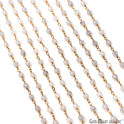 White Jade 4mm Faceted Beads Gold Wire Wrapped Rosary