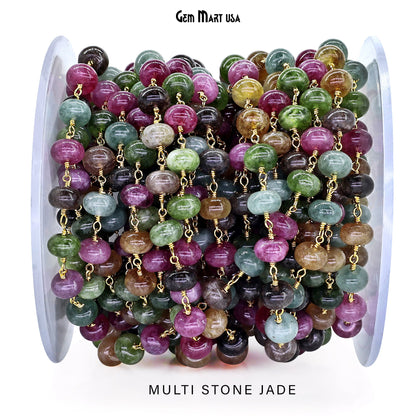 Dyed Jade Bead Cabochon Crystal Round Rosary Chain Gold Plating, 8-9mm, 1+ ft
