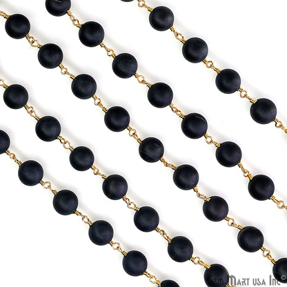 Black Tourmaline 8mm Cabochon Beads Gold Wire Wrapped Rosary Chain