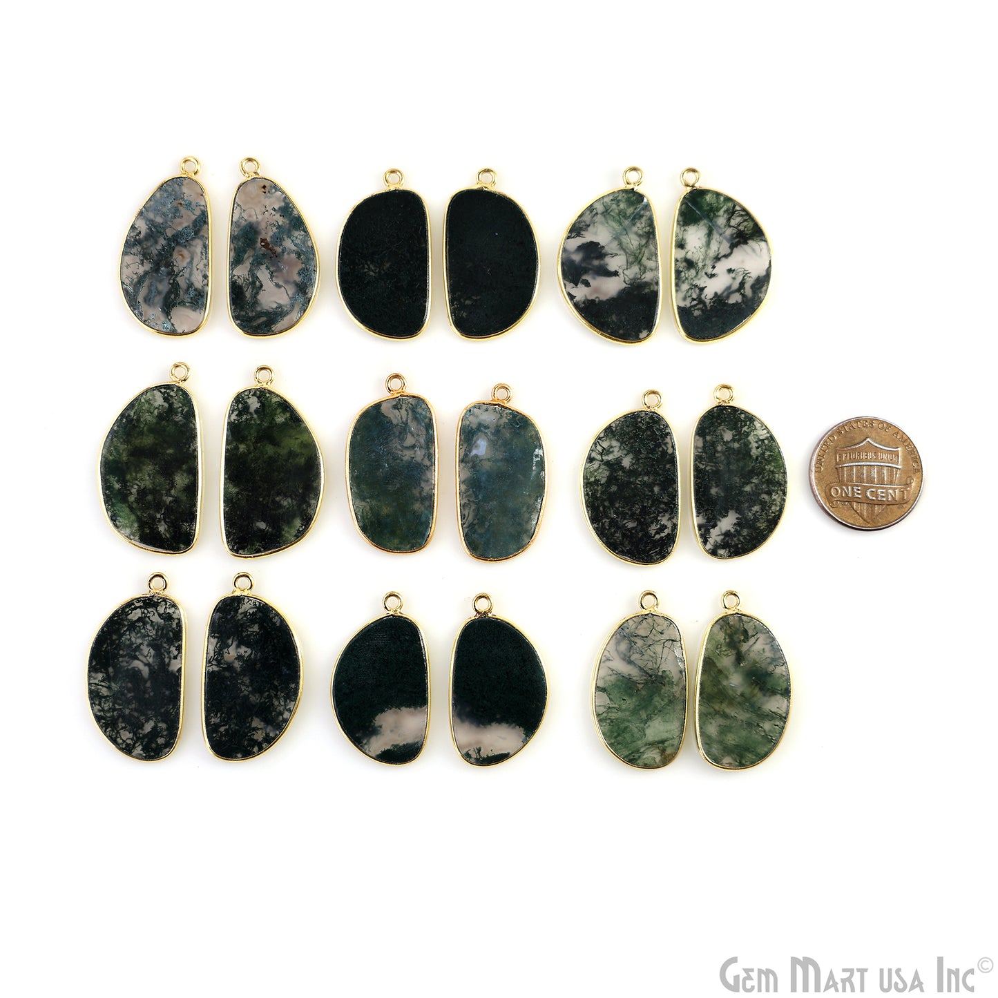 Moss Agate Free Form Gold Plated Single Bail Bezel Smooth Slab Slice Thick Gemstone Connector 28x16mm 1 Pair