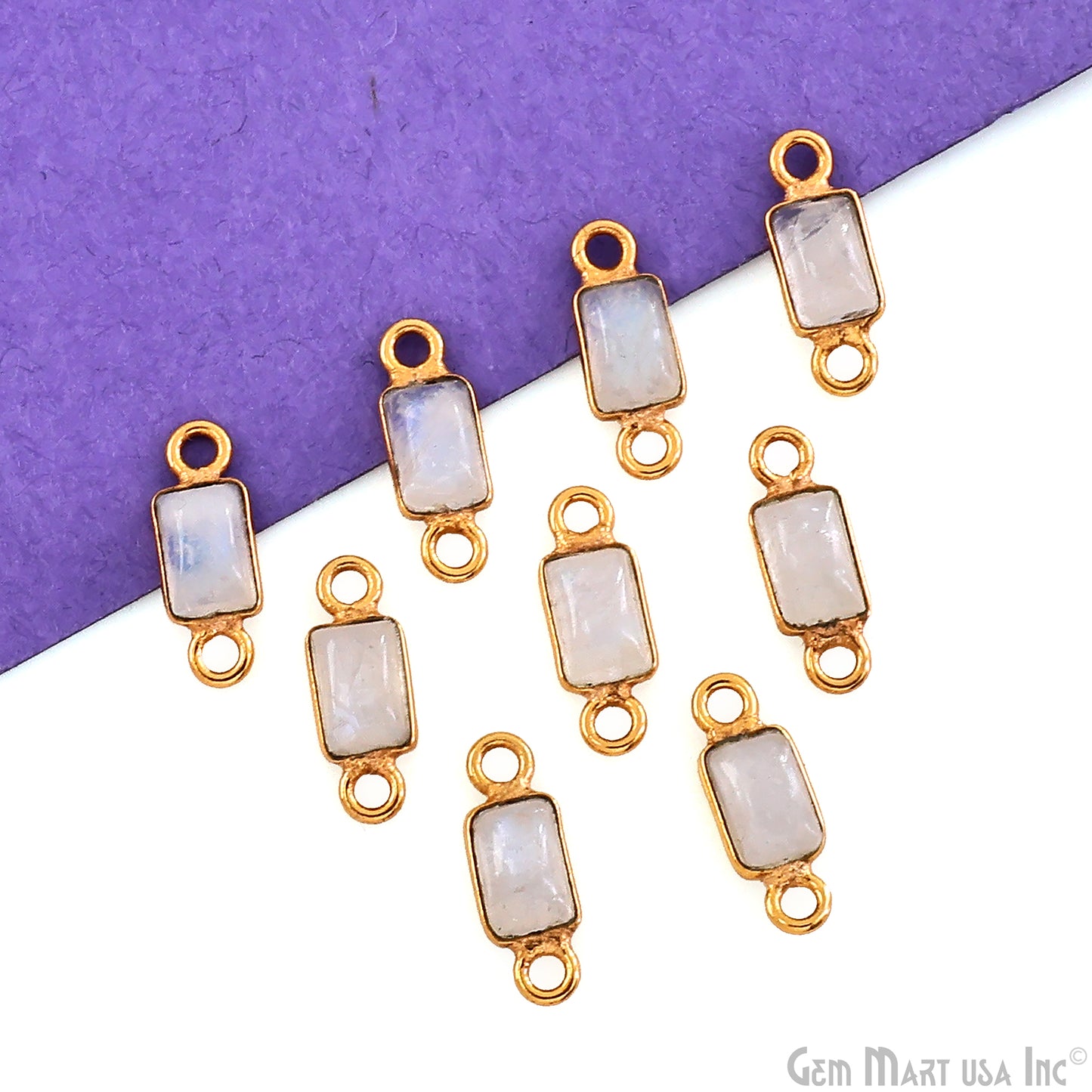 Rainbow Moonstone Cabochon 6x4mm Rectangle Gold Plated Bezel Connector