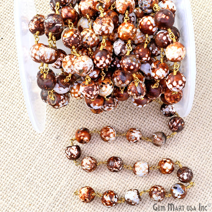 Brown Jade Faceted Beads 10mm Gold Wire Wrapped Rosary Chain