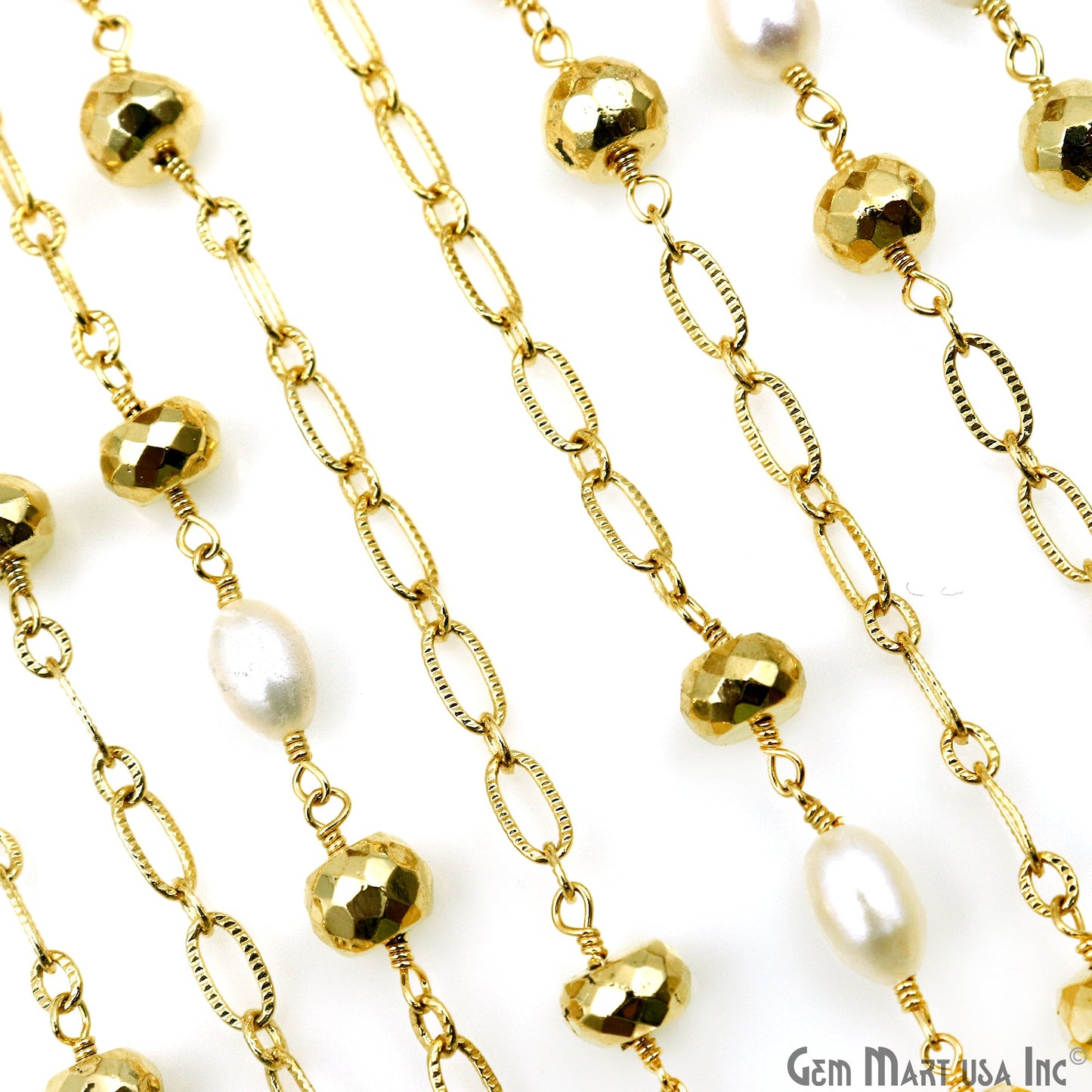 Golden Pyrite 6-7mm & Freshwater Pearl Round Beads Gold Plated Finding Rosary Chain