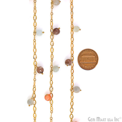 Multi Moonstone Cabochon Round Beads 5-6mm Gold Wire Wrapped Dangle Rosary Chain