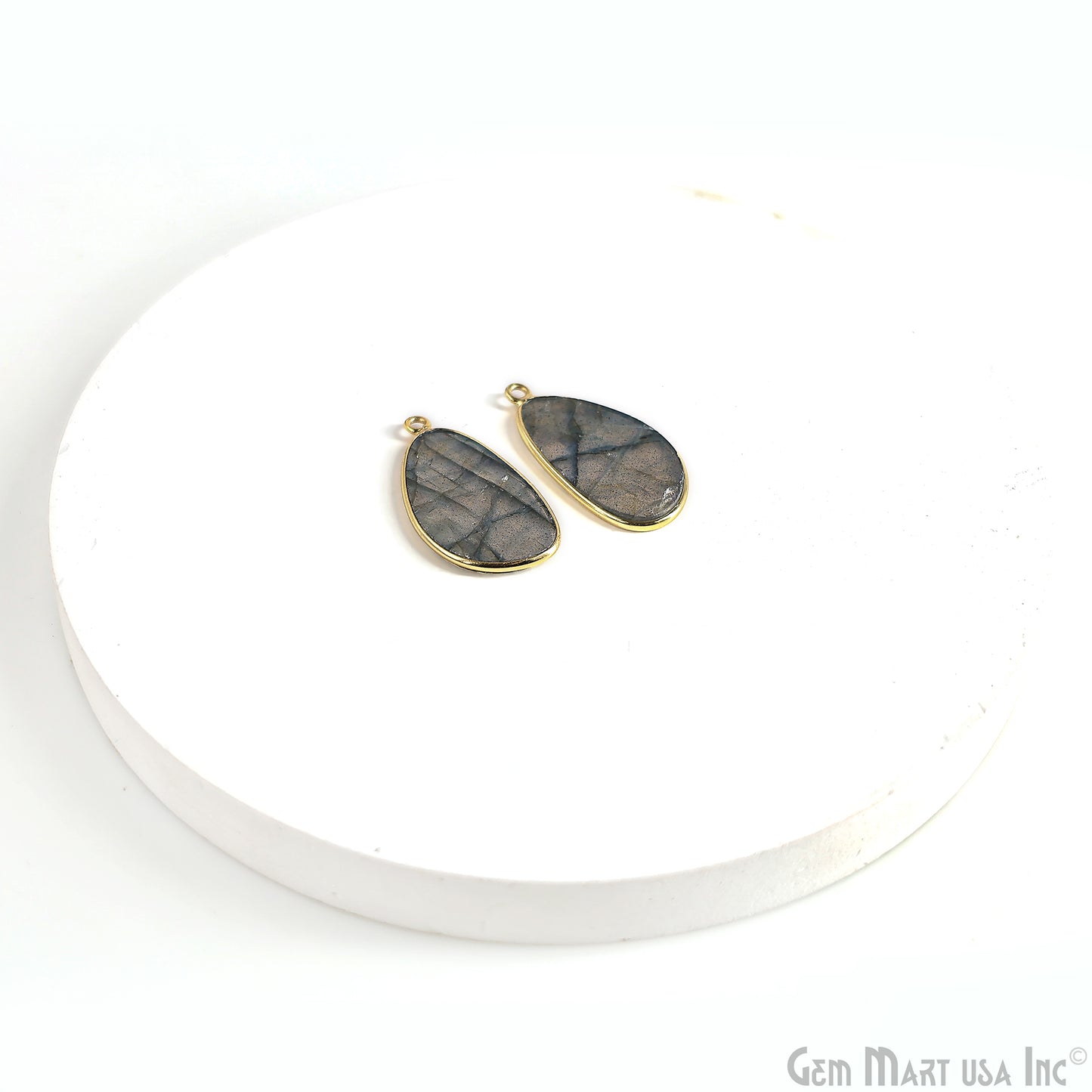 Labradorite Free Form Gold Plated Single Bail Bezel Smooth Slab Slice Thick Gemstone Connector 30x16mm 1 Pair